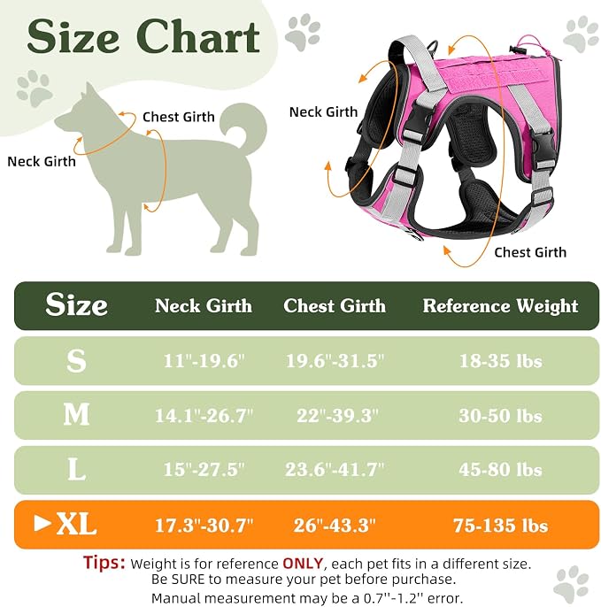 VavoPaw Heavy Duty Tactical Dog Harness for Large Dogs, No Pull Adjustable | Pet Harness Reflective Service Training Easy Control Pet Vest Military K9 Working Dog Harnesses（Pink, XL） - Image 2