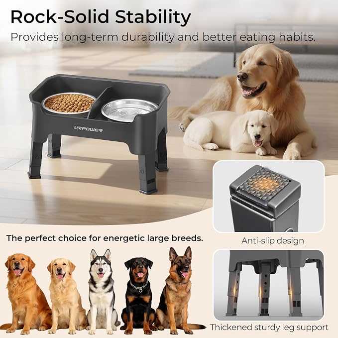 URPOWER Mess Proof Elevated Dog Bowls, Splash Guard Raised Bowl Stand | 4 Adjustable Heights, 2 Stainless Steel Bowls, Food & Water Separation, Foldable Design Non-Slip for Small Medium Large Dogs - Image 7