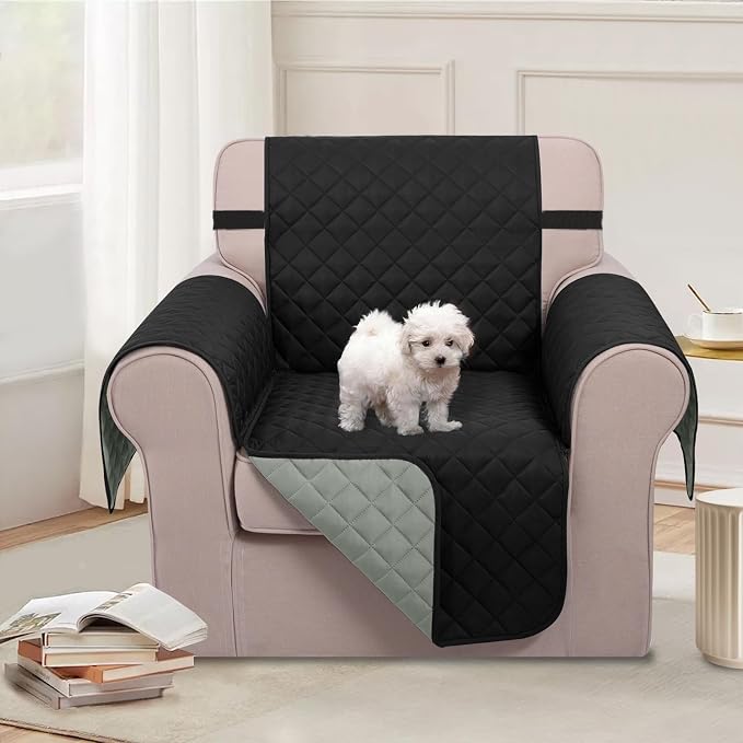 U-NICE HOME Reversible Recliner Chair Covers, Black/Grey | 23''Armchair Cover for dogs Washable, Pet Friendly, Elastic Straps, Water Repellent, Diamond Quilted - Image 2