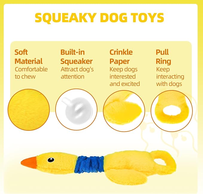 Mihachi Squeaky Dog Toys, Plush Stuffed Puppy Toys with Crinkle Paper-Tug of War Dog Toys for Small, Medium and Large Dogs Duck Interactive Squeaky Pet Toys to Keep Them Busy, Yellow Duck - Image 6