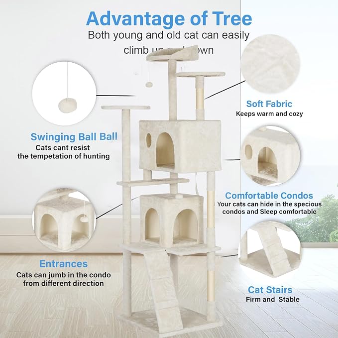 FDW | 81" Cat Tree Tower | Beige | Multi-Level Indoor Activity Center with Sisal Scratching Posts, Condos, Plush Perches, Hanging Cat Toys | Sturdy, Easy to Assemble | for Kittens & Adult Cats - Image 6