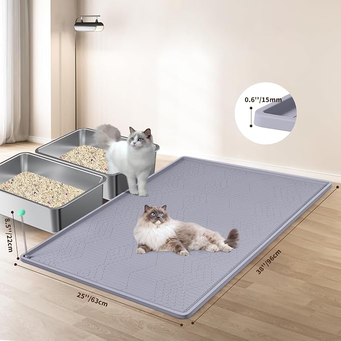 Silicone Cat Litter Box Mat 38'' x 25'' Cat Mat with Toy, Grey | Extra Large Litter Mat with lip, Non-Slip Waterproof Cat Litter Mat Litter Trapping Mat for Floor, Easy to Clean - Image 2