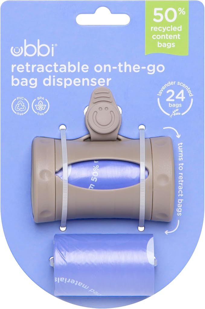 Ubbi Retractable On-the-Go Bag Dispenser for Baby Travel, Diaper Bag Accessory Must Have for Newborns, Helpful Baby Accessory, Taupe (Pack of 12) - Image 8
