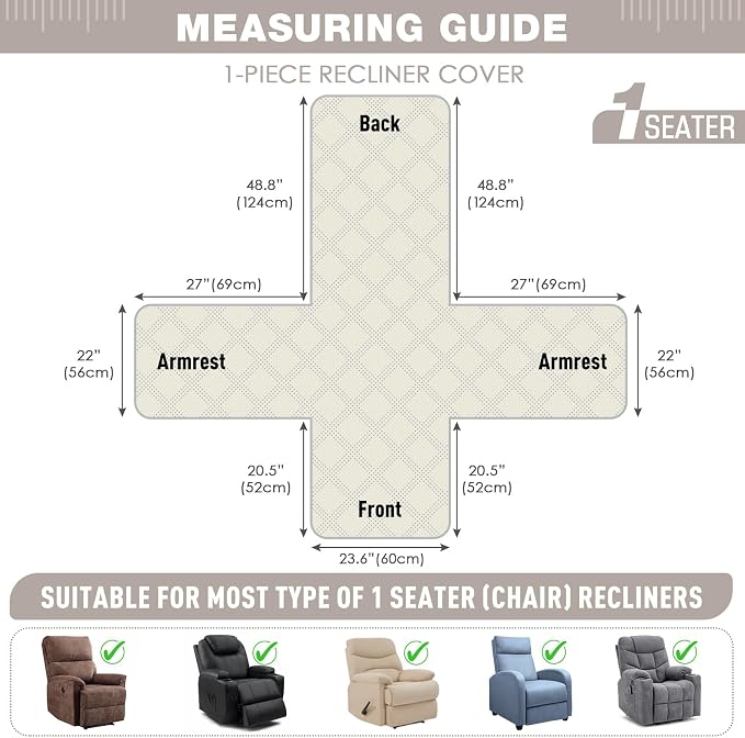 TAOCOCO 100% Waterproof Recliner Chair Cover, Recliner Covers for Recliner Chair with Pocket, Non Slip Reclining Chair Cover Furniture Protector for Kids, Pets(23.6'', Khaki-Velvet) - Image 3