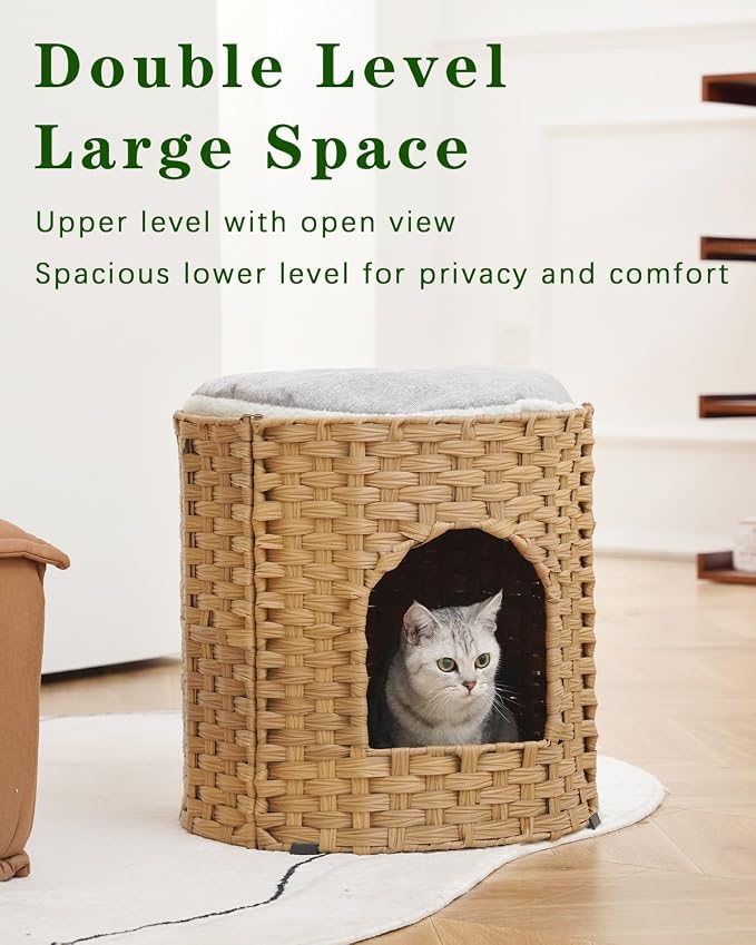 SETVSON Cat House for Indoor Cat, Large Double Cat Houses Bed, Natural | Handwoven PE Rattan Cave with One Soft Pad, 17 x 17 x 17 In Foldable Kitten Hideaway, Double-Level Play & Nap Spot - Image 2
