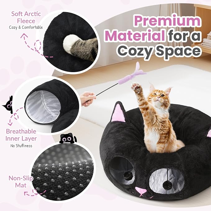 Baseola Fuzzy Cat Tunnel Bed for Indoor Cats, 2-in-1 Interactive Cat Toys | Peekaboo Cat Cave with Washable Mat, Collapsible Cat Play Tunnel for Kittens & Small Pets, Cat Donut Bed Tunnel, Black Pink - Image 3