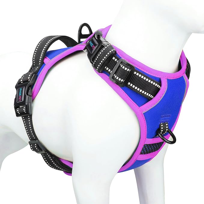 Upgraded No Pull Dog Harness, Reflective Adjustable Vest | with a Training Handle + 2 Metal Leash Hooks+ 3 Snap Buckles +4 Slide Buckles(M, Royal Blue) by PHOEPET