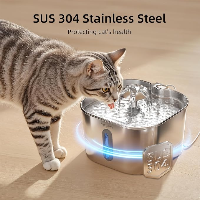 Cat Water Fountain Stainless Steel：74oz/2.2L SARPAWS Water Fountains for Cats Indoor, Cat Fountains for Drinking, Ultra-Quiet, Water Level Window, Pet Water Fountain - 6 Filters + 3 Sponges - Image 2