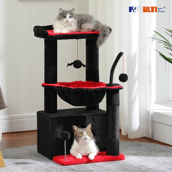 PEQULTI 4-in-1 Gothic Cat Tree for Kittens & Small Cats, 33in Black Tower | Compact 33in cat tower: deep hammock, cozy condo, top perch, sisal post; removable washable cover; wide base for small cats - Image 2