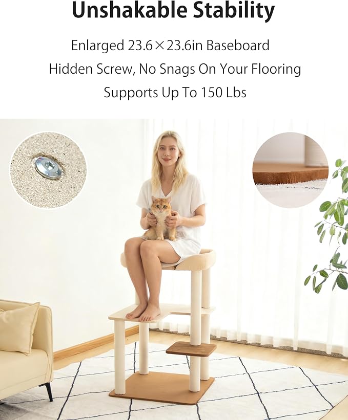 Cat Tree for Large Cats Modern Senior Friendly Wide Shelves 37.4'' | Wide shelves, cotton scratching posts, super sturdy base, cozy perch, interactive toys, luxury fabric - Image 7
