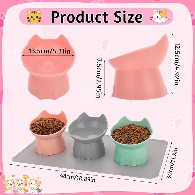 3 Pcs Elevated Cat Bowls 15°Raised Cat Food Bowl with Silicone Mat Pink | Whisker Friendly Anti Vomiting Cats Dishes Pet Food and Water Bowls for Indoor Cats Kittens - Image 2