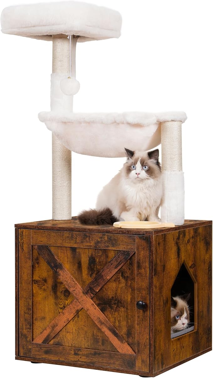 Hey-brother Cat Tree Tower, Litter Box Enclosure, Food Station, MPJ100SR | 47.24 Inches Wooden All-in-one Cat House, Large Hammock, Bed, Scratching Posts, Modern Style for Indoor Cats, Rustic Brown by Hey-brother