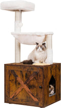 Hey-brother Cat Tree Tower, Litter Box Enclosure, Food Station, MPJ100SR | 47.24 Inches Wooden All-in-one Cat House, Large Hammock, Bed, Scratching Posts, Modern Style for Indoor Cats, Rustic Brown by Hey-brother