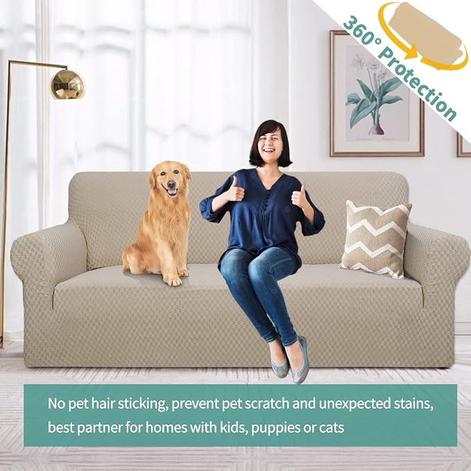 YEMYHOM Couch Cover Latest Jacquard Design High Stretch Extra Large Sofa Covers Pet Dog Cat Proof Oversized Slipcover Non Slip Magic Elastic Furniture Protector (XL Sofa, Khaki) - Image 2