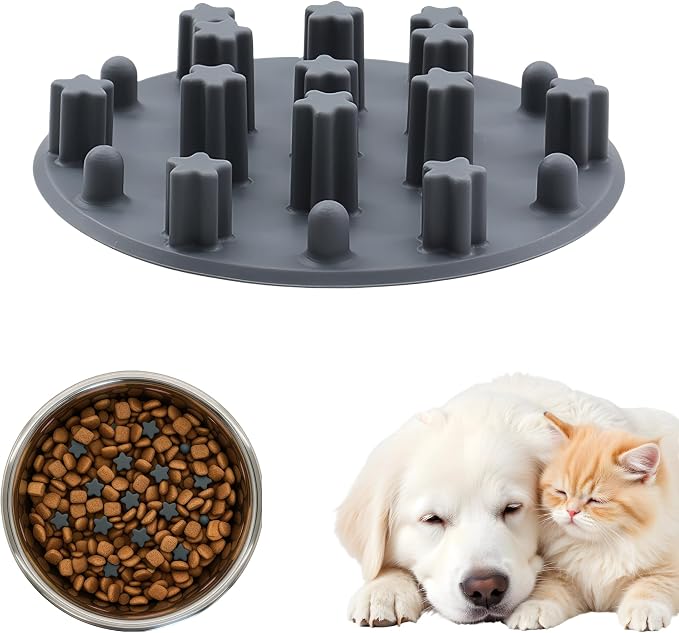 Slow Feeder Insert for Cat Dog Bowls, Anti-Choking Silicone with Strong Suction Cups, Fits Most Cat Bowls, Ideal for Puppy Small Medium Breeds (Gray) by Unknown