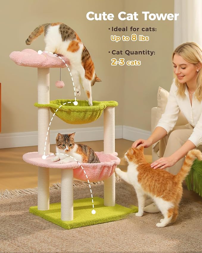 37.4" Flower Cat Tree with 2 Hammocks & 6 Sisal Posts, Pink | Flower top perch, 2 spacious hammocks, 6 sisal posts, Cute small tower, For indoor kittens, Sturdy build - Image 2