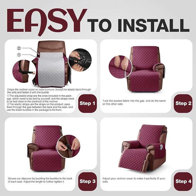 KinCam 100% Waterproof Recliner Chair Covers Washable, 25", Burgundy | Anti Slip Reclining Couch Covers for Pets Dog, Recliner Sofa Slipcover Storage Pocket, Furniture Protector with Elastic Strap - Image 7