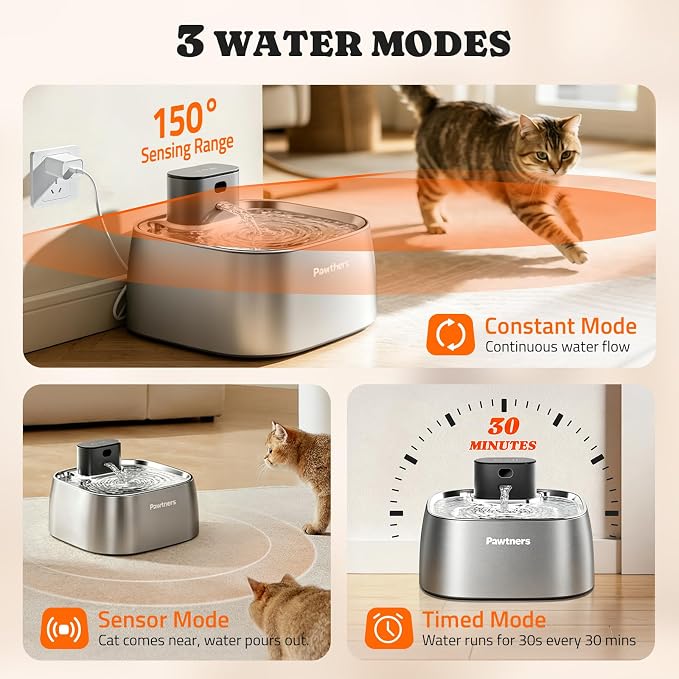 Pawtners Pumpless Cat Water Fountain Stainless Steel 108oz/3.2L, 3 Modes | Automatic Cordless Pet Water Dispenser,Easy Clean,Silent Smart Host,150°Sensor,Motion/Timed/Continuous Mode - Image 2