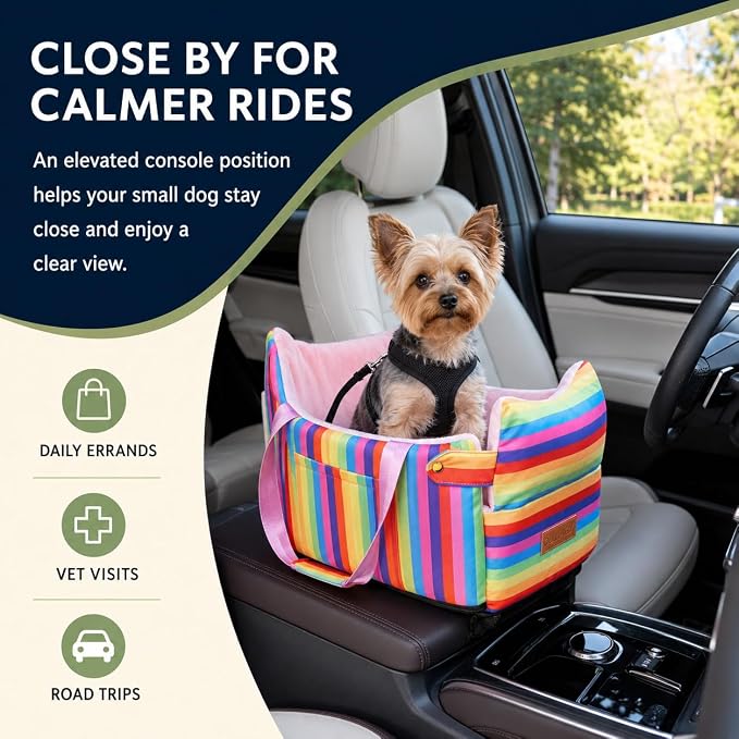 Console Dog Car Seat for Small Dogs to 15lbs (Rainbow Stripes) | Center Console Puppy Booster and Portable Travel Bed, Anti-Collapse Design with Washable Fluffy Cushion - Image 2