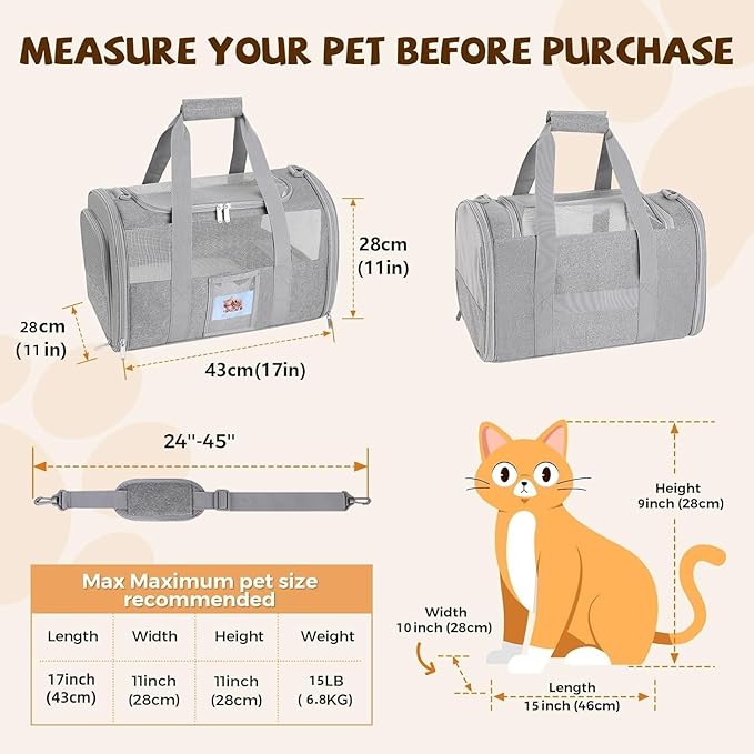 Soft Cat Carrier with Detachable Food Bowl,Pet Travel Bag (Up to 16 lbs) | Puppy Crate with Lockable Zippers,Airline Travel for Small Dog,Kitten,Animal,Breathable Mesh Kennel ,Carrying Case,Grey - Image 3