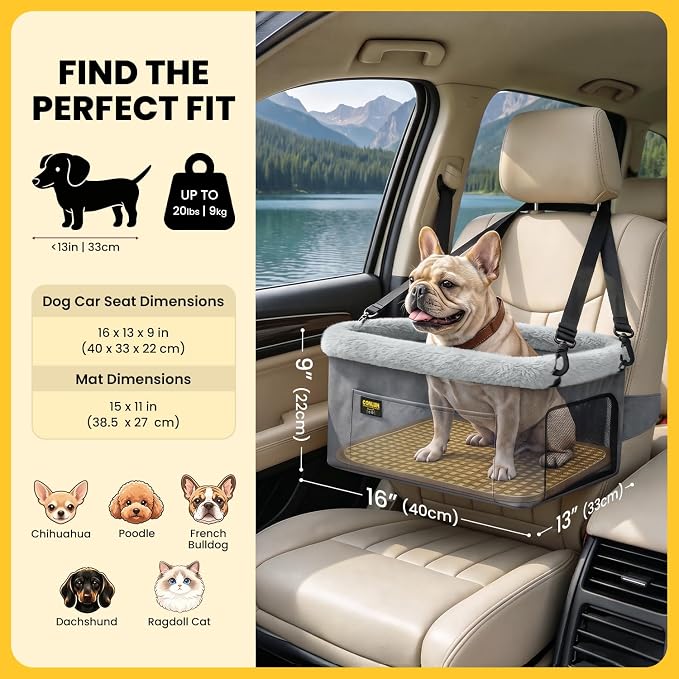 Conlun Elevated Pet Car Seat with Cooling Mat, Travel Booster for Small Dog | Heavy-duty Oxford | Rigid Skeleton Stops Wobbling | Leash Prevents Escapes | Dog Car Seat for Calm Car Trips - Image 2