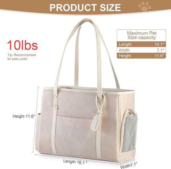 Fashion Dog Carrier Purse, Premium Leather Cat Carrier Bag, Airline Approved Soft Sided Pet Travel Tote Bag with Pockets Beige - Image 2