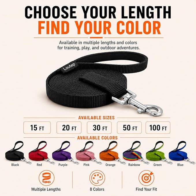 Long Line Dog Training Leash with Padded Handle, 50 ft, Black | Durable nylon webbing with reinforced stitching and 360° swivel clip for recall and obedience - Image 7
