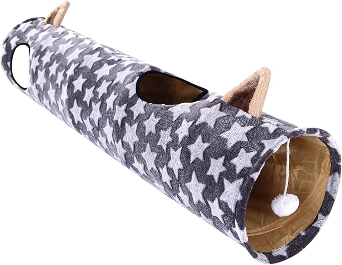 Cat Tunnel -Straight-Shaped, Gray Star Pattern, Soft Velvet Exterior, Oxford Fabric Fog-Proof Interior, Plush Toy Ball, Easily Washable, Conveniently Foldable, 47.2in/120cm - Image 3