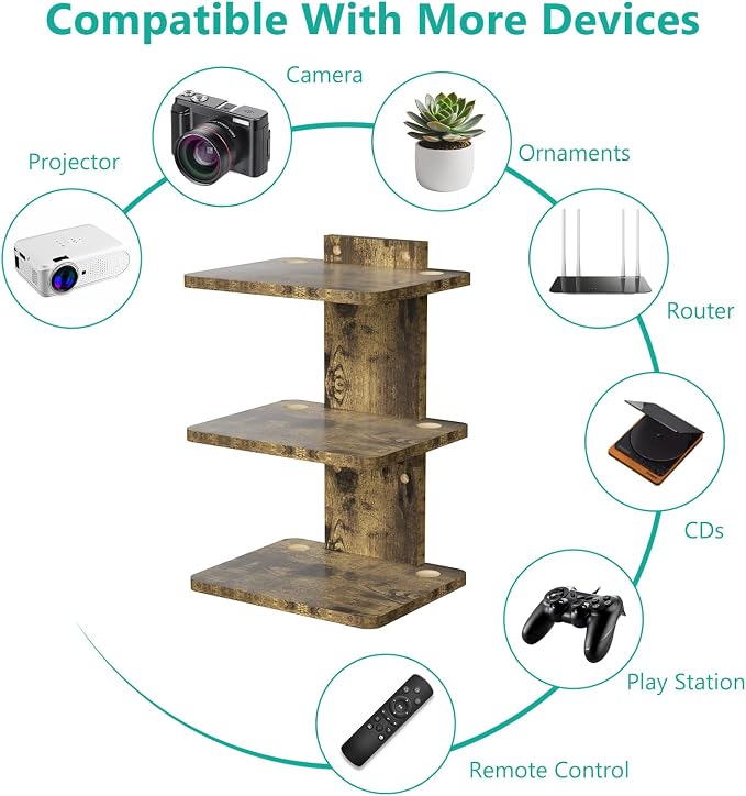 WALI Floating TV Shelf, 3 Tier Projector Shelf for DVD Player, Routers, Game Console, Cable Boxes, Living Room Decor Accessories, Wall Mount Shelves Holds Up to 22lbs(CS303NC), 3-Shelf, Vintage Brown - Image 4
