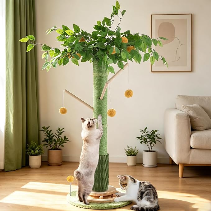 46" Tall Cat Scratching Post, Natural Sisal Cat Tree for Indoor Adult Cats | Vertical Cat Scratch Post for Body Stretching, Self-groomer Brush, Stable 3-layer Solid Wood Base, Interactive Ball Track Toy by Sheripet