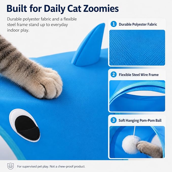 Blue Shark Cat Tunnel Toy, Collapsible Pop-Up Cat Play Tunnel with Interactive Hanging Ball & Storage Bag, Durable Polyester Interactive Cat Toy for Indoor Cats, Kittens - Image 6