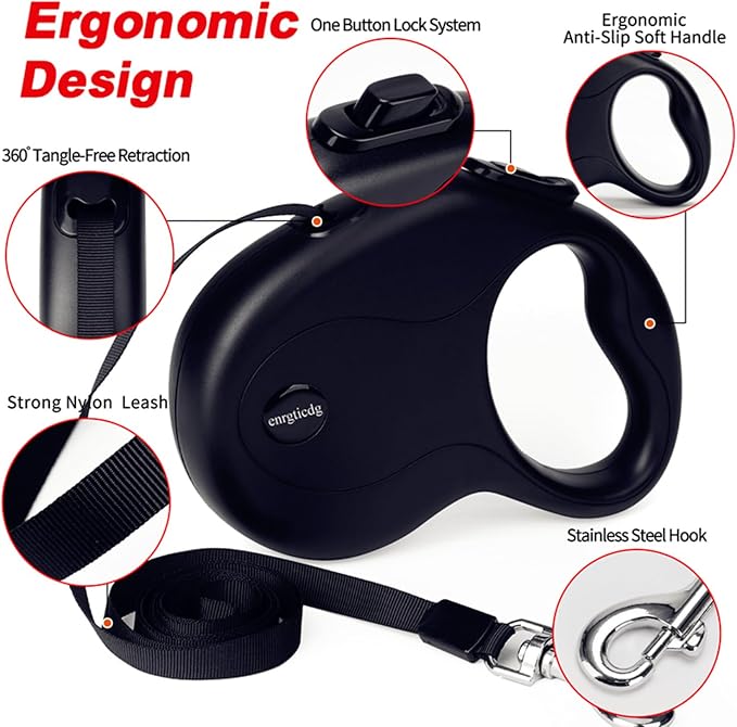 enrgticdg 16Ft Retractable Dog Leash,Light Weight Leash for Small to Medium Dogs/Cats Up to 50lbs,Stainless Steel Spring Strong Nylon Tape, Tangle Free, One-Handed Brake. (Charcoal Black) - Image 4