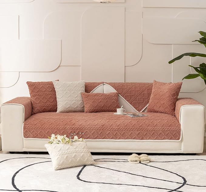 vctops Geometric Jacquard Plush Sofa Couch Covers Farmhouse Neutral Non Slip Sectional Couch Cover Soft Warm Sofa Slipcover for Dogs, Children, Pets Furniture Protector (Orange,43"x63") - Image 2