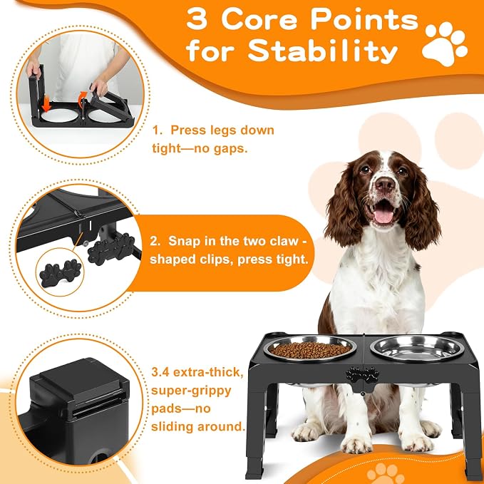 COMESOON Elevated Dog Bowls, 5 Adjustable Heights (3.9"-13.4") Raised Dogs Food Bowl Stand for Medium Large Sized Dogs, Non-Slip Foldable Travel Pet Feeder Black with Stainless Steel Bowls - Image 4