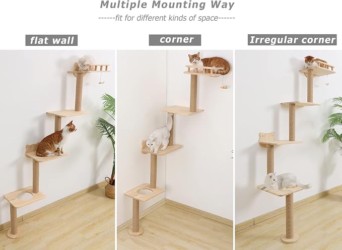 Cat Tree Wall Mounted with 4 Levels Shelves, 73" Wood Corner Tower Inside Kitten Scratching Post for Climbing,Perching and Lounging (Left to Right) - Image 6