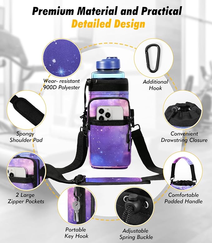 Nuovoware Magnetic Gym Bag, 40oz, Water Bottle Carrier, Starry Purple | Adjustable Shoulder Strap, Magnets Magnetic Gym Bag, Bottle Pouch Sling, 2 Pocket, Sling Neoprene Organizer Sleeve - Image 3