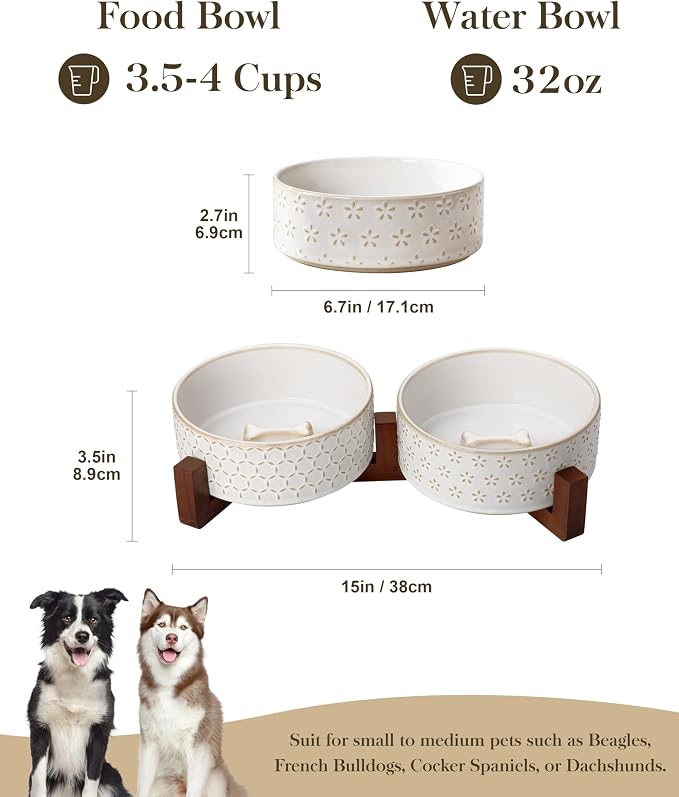 MALACASA Dog Bowl Set, Ceramic Bowls with Walnut Wood Stand, 3.5 Cups | Five-Leaf Grass and Honeycomb Design, Non-Slip Base, for Cats and Dogs, About 26% Heavier than Similar Ceramic Bowls - Image 2