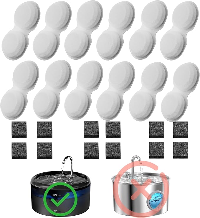 VOUAAOOD Cat Fountain Filters Replacement: 24 Pet Water Fountain Filters - 12 Carbon Filters + 12 Sponges Filters Suitable for H6 Cat Fountain for Drinking - 6 Months Usage Kit by VOUAAOOD