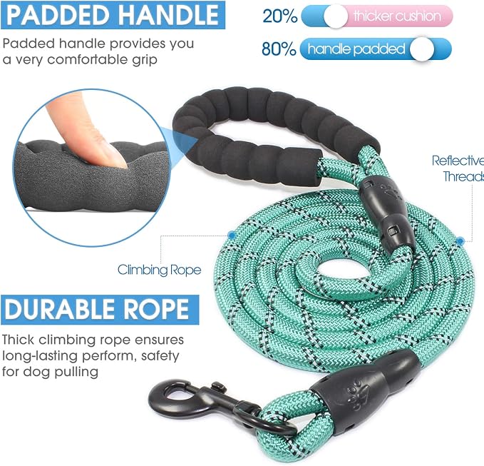 2/4/5/6 FT Dog Leash with Comfortable Padded Handle and Highly Reflective Threads for Small Medium and Large Dogs (5FT-1/2'', Turquoise) - Image 2