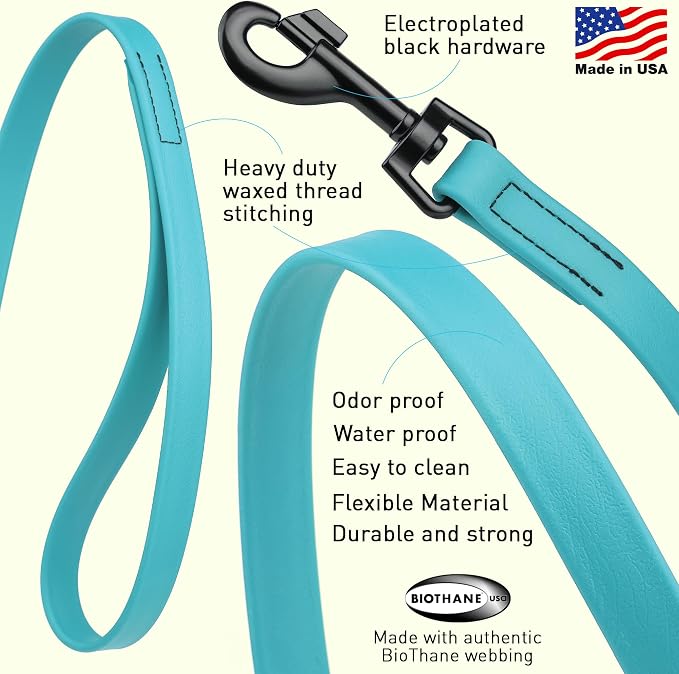 Dogline Biothane Waterproof Dog Leash Strong Coated Nylon Webbing with Black Hardware Odor-Proof Easy to Clean High Performance for Small or Large Dogs Made in USA 4 or 6 ft Lead, Sky Blue - Image 2