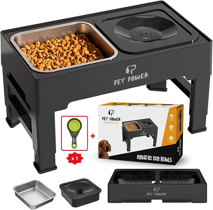 Elevated Dog Bowls, Raised Dog Bowl Stand with 4 Adjustable Heights, Stainless Steel Food Bowl & No-Spill Water Bowl – Dog Bowls Elevated for Small, Medium & Large Dogs by PetPower