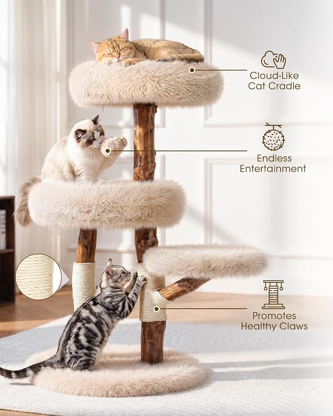 Pear Wood Branch Cat Tree, Cat Tower with Premium Faux Fur Plush | Cat Tree, Solid Pear Wood Real Branch, Deep Plush Cushions, 40 lbs Support, 3 Platforms, Natural Sisal, Modern Cat Tower - Image 6