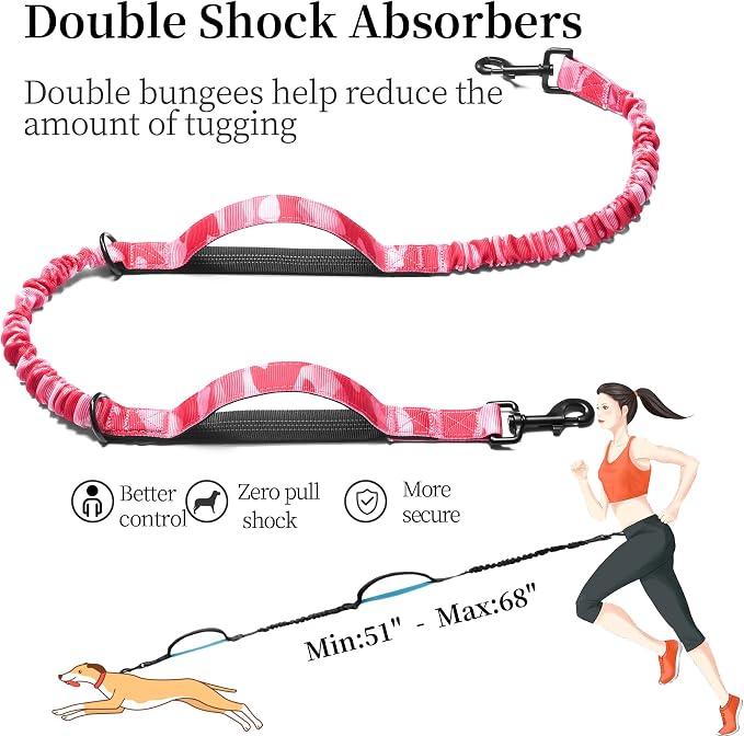 Hands Free Dog Leash with Zipper Pouch, camo Pink, Large | Waist Leash, Dual Padded Handles, Shock-Absorbing Bungee, Adjustable Waist Belt, Walking and Running - Image 5