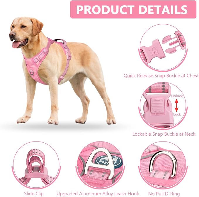PoyPet No Pull Dog Harness, Reflective Vest with 2 Leash Clips & Handle | Lockable Neck Release Buckle, No Choke, Adjustable, Soft Padded, for Walking Training, Light Pink Matching Trim, Small - Image 2