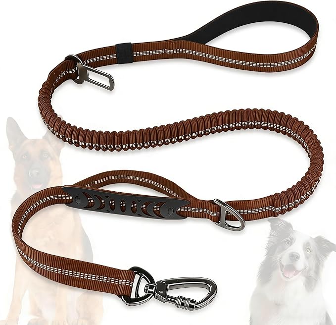 Dog Leash Heavy Duty, Bungee Leash Reflective Car Seat Belt for Dogs Brown | 4-6FT Strong Shock Absorbing Tactical with 2 Padded Handles, Dog Tug Lead for L XLarge Dogs Walking Running Training by Misthis