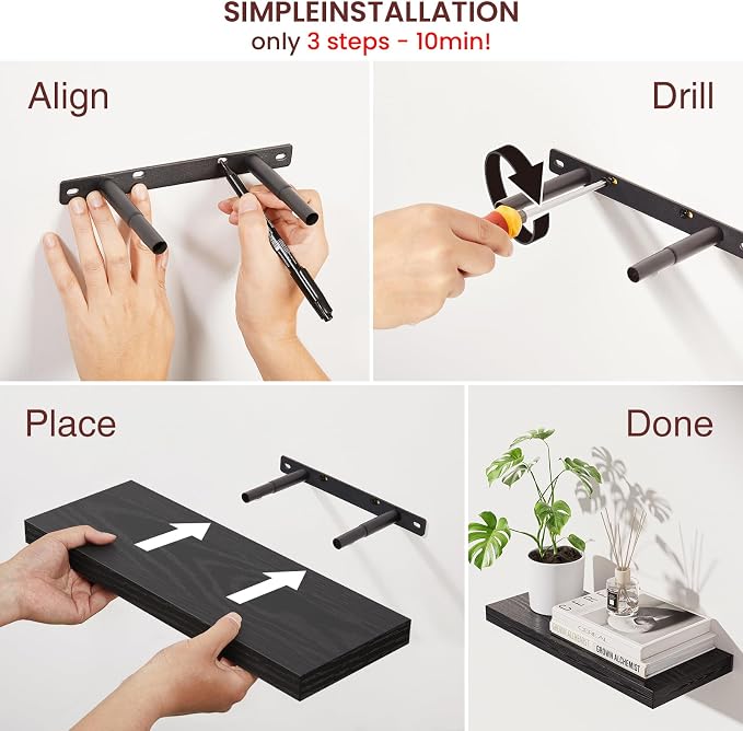 BAYKA Black Floating Shelves 15.7in, Set of 4, Wall Mount Rustic Wood Shelf | Easy Install, 22lbs Max Load, Hidden Bracket, Hanging Shelf for Books/Storage/Room Decor, Multi-Wall Compatible - Image 6