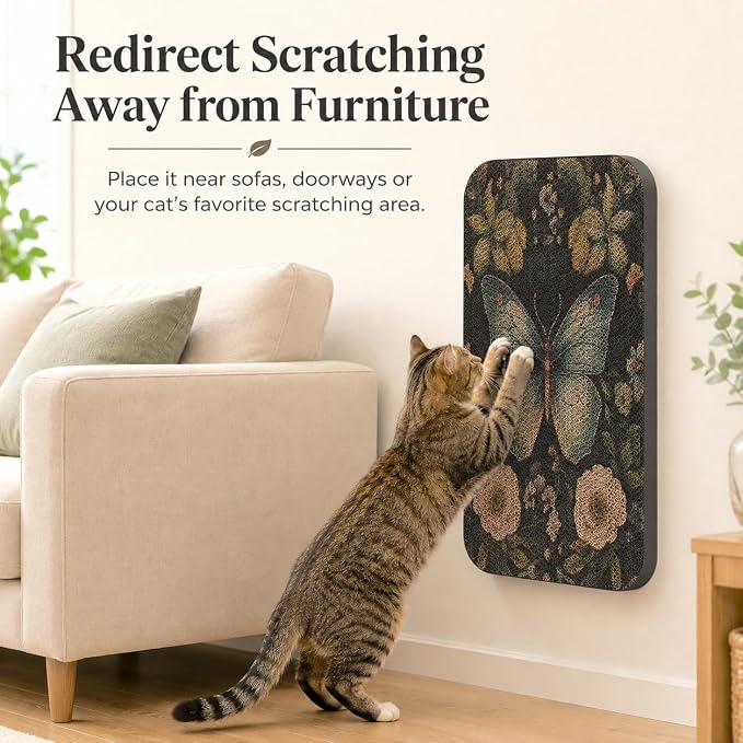 2 Pack Cat Wall Scratcher, Art Cat Scratching Board for Cats | Wall Mounted Cat Scratch Pad, Water-Based Ink, Hook&Loop Strips, Floor or Wall Use, 16.7x11x1 Inch, Butterfly & Peacock - Image 3