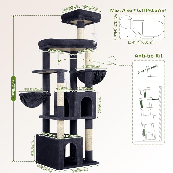 Globlazer Sturdy Cat Tree for Indoor Cats 20 lbs, S68, Dark Grey | 68-inch Large Cat Tower for Adult Big Cats, Heavy Duty Cat Tree with Extra Large Platform, 5 Scratching Post - Image 6