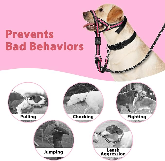 BARKLESS Soft Dog Head Collar, Patented Padded No Pull Head Halter, Training Nose Leash with Safety Link for Medium Large Dogs, Adjustable Muzzle Leash, Easy Control for Walking(Pink, M) - Image 6