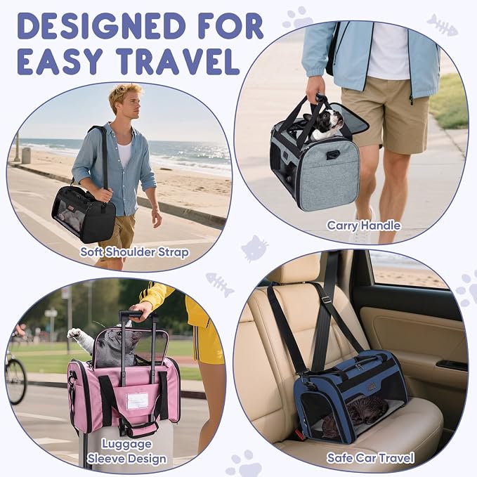 BALEINE Cat Carrier, Puppy Dog Carrier for Small Medium Pets Up to 15 Lbs, Soft-Sided Dog Travel Bag with Safety Zippers, Collapsible Pet Carrying Case (Gray, L, 17"x11"x11") - Image 9
